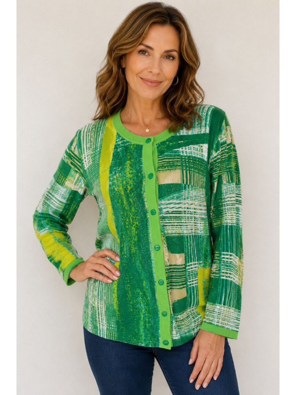 Bob Mackie Grean Abstract Art to Wear Long Sleeve Button Down Cardigan Size L